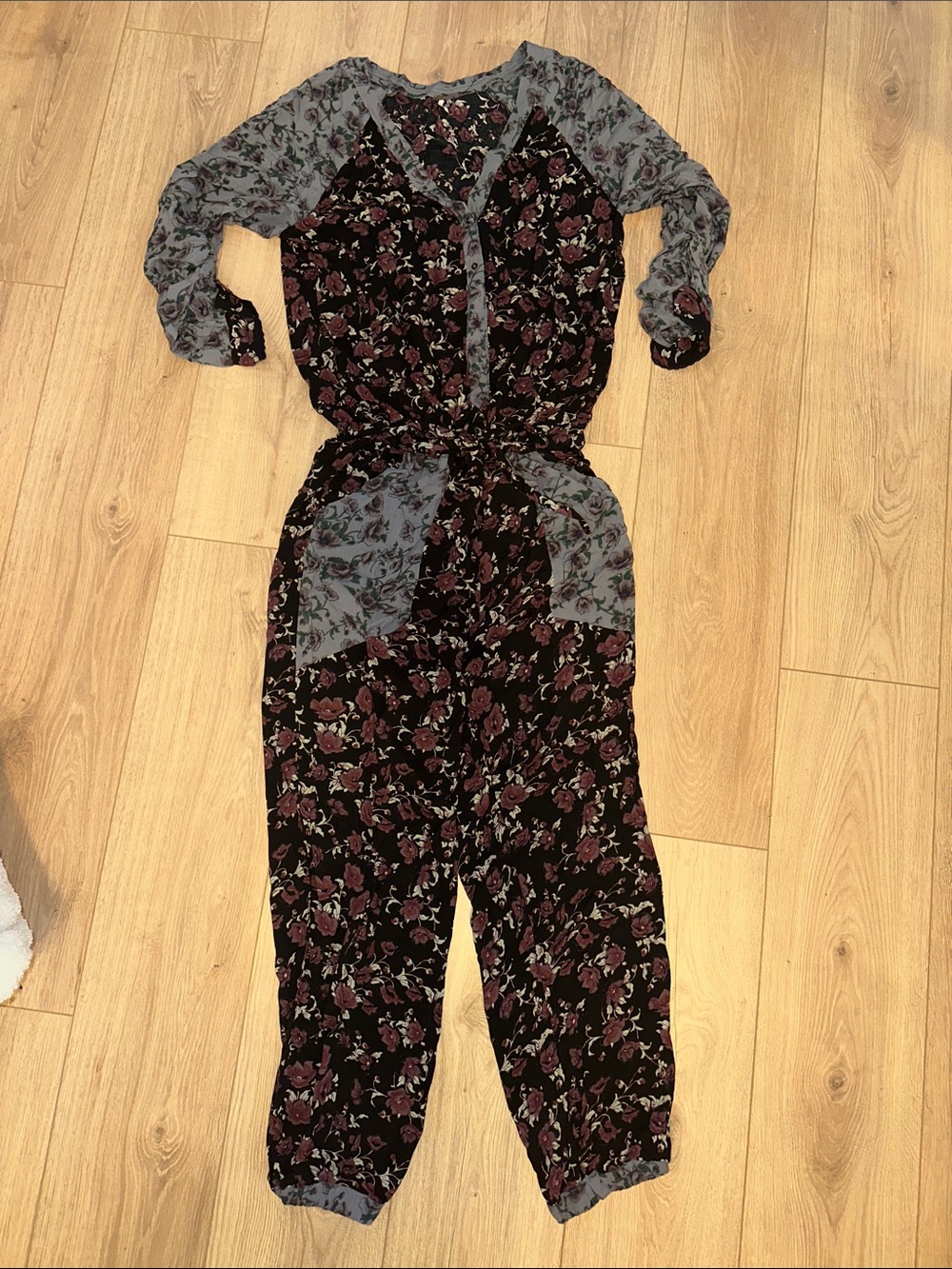 Free People Black Floral Contrast-Sleeve Jumpsuit